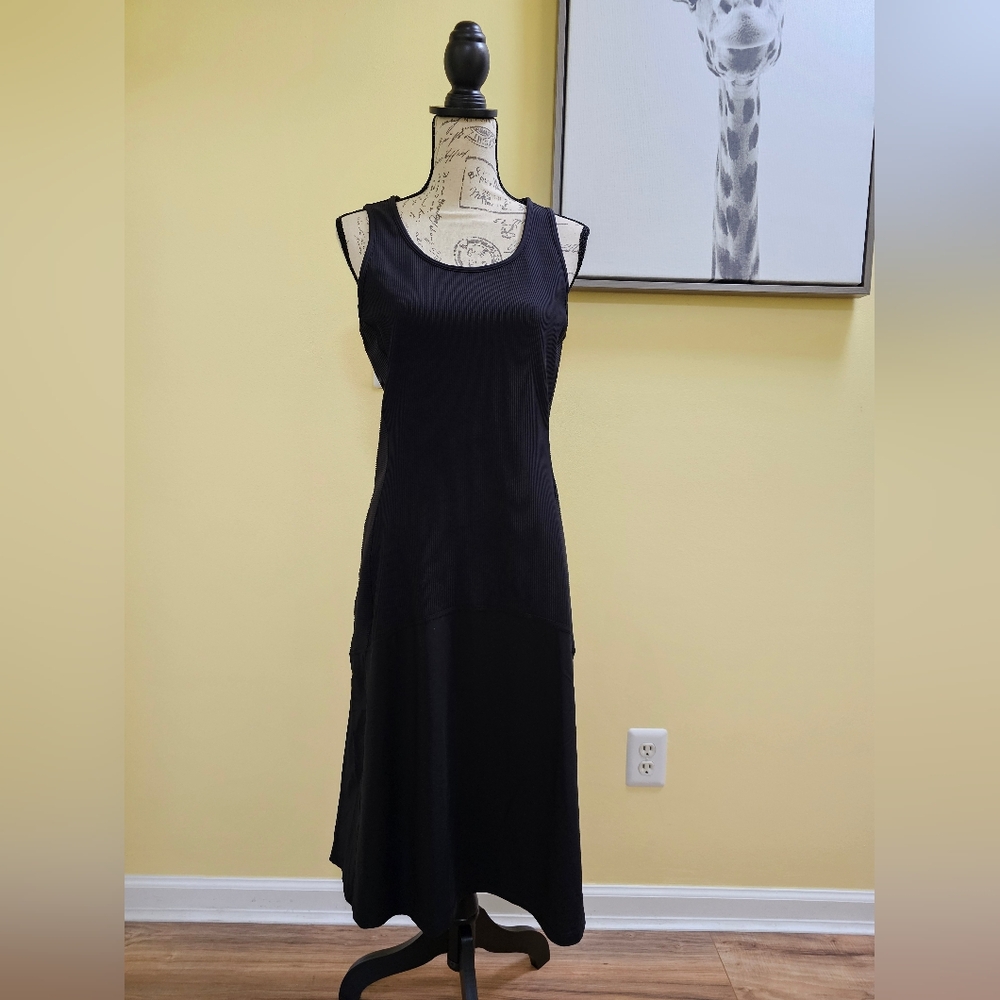 NWOT Athleta Black Mixed Media Ribbed Tank Flounce Skirt Travel Midi Dress Sz M